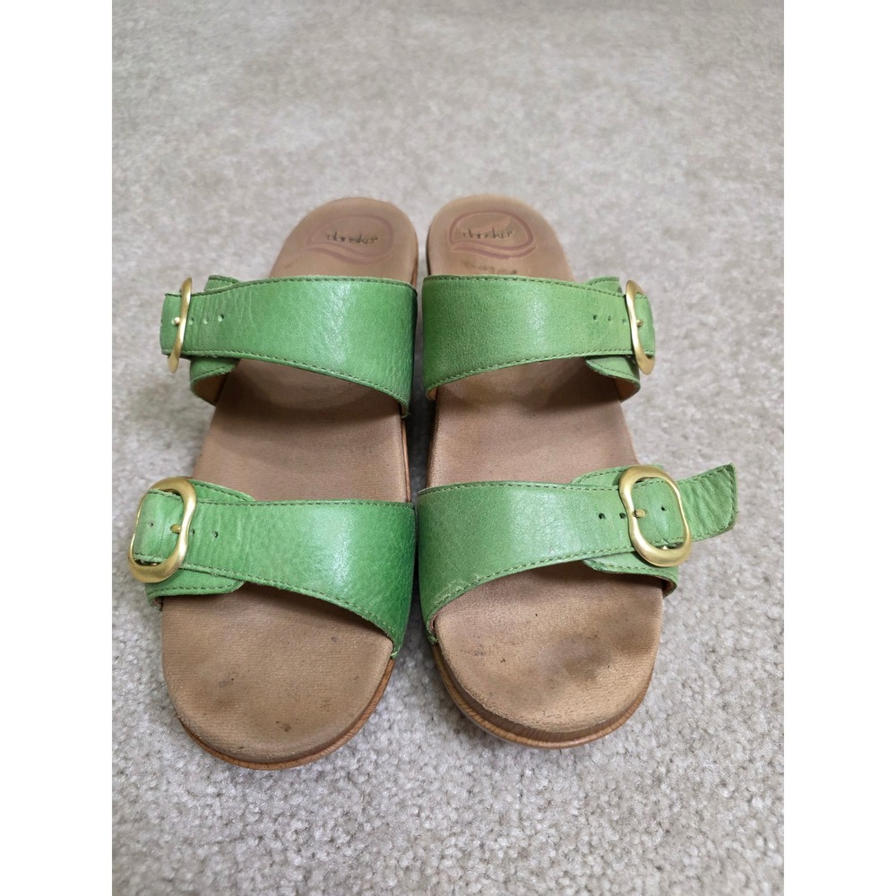 Dansko Green Leather Double Buckle Wedge Slide Sandals Womens 39